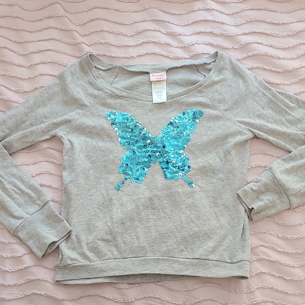 Ransom Gray Sweatshirt with Blue Sequin Butterfly